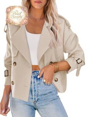Women Crop Double Breasted Trench Coat Short Jacket